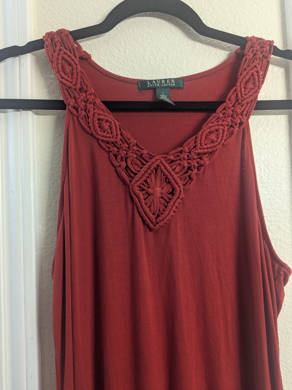 Lauren Ralph Lauren Ruby Red Macramé V-Neck Dress